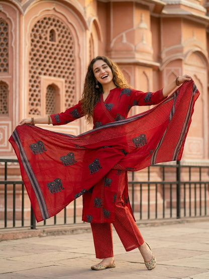 Ethnic Elephant Printed Straight Kurta with Pant & Dupatta - Rust