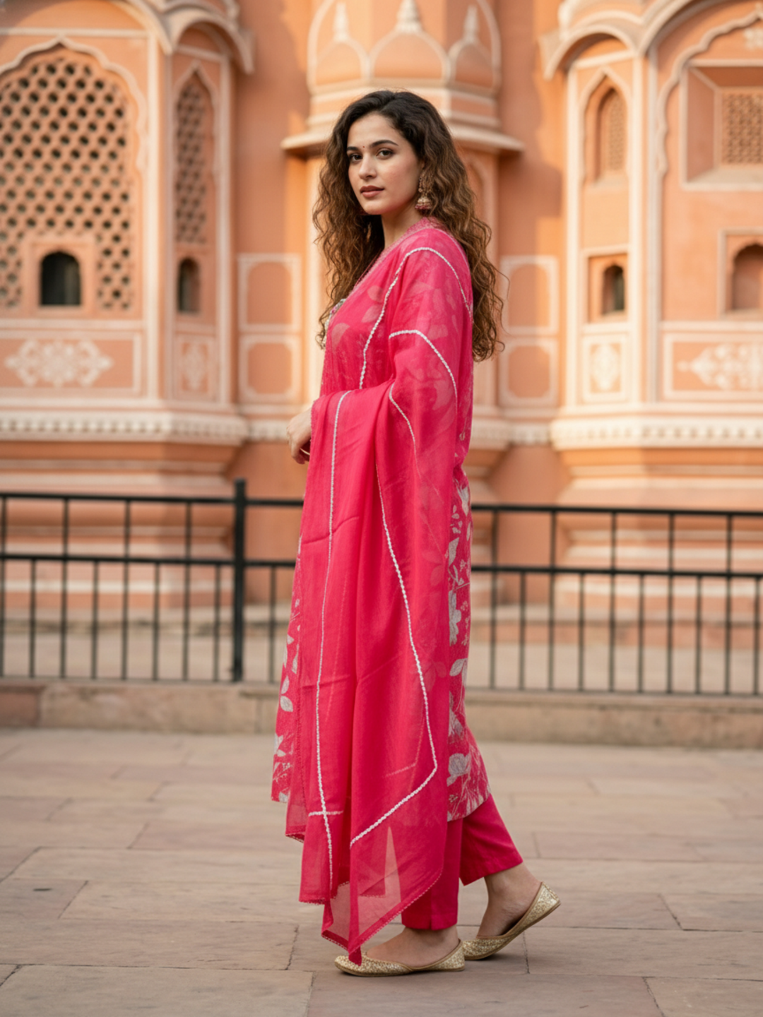 Abstract Floral Printed Embroidered Straight Kurta with Pant & Dupatta - Red
