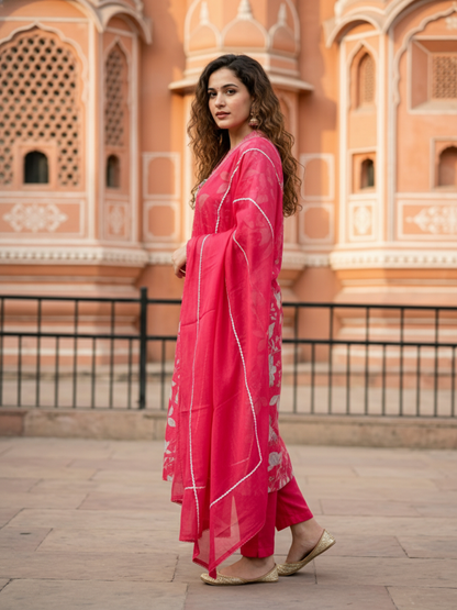 Abstract Floral Printed Embroidered Straight Kurta with Pant & Dupatta - Red