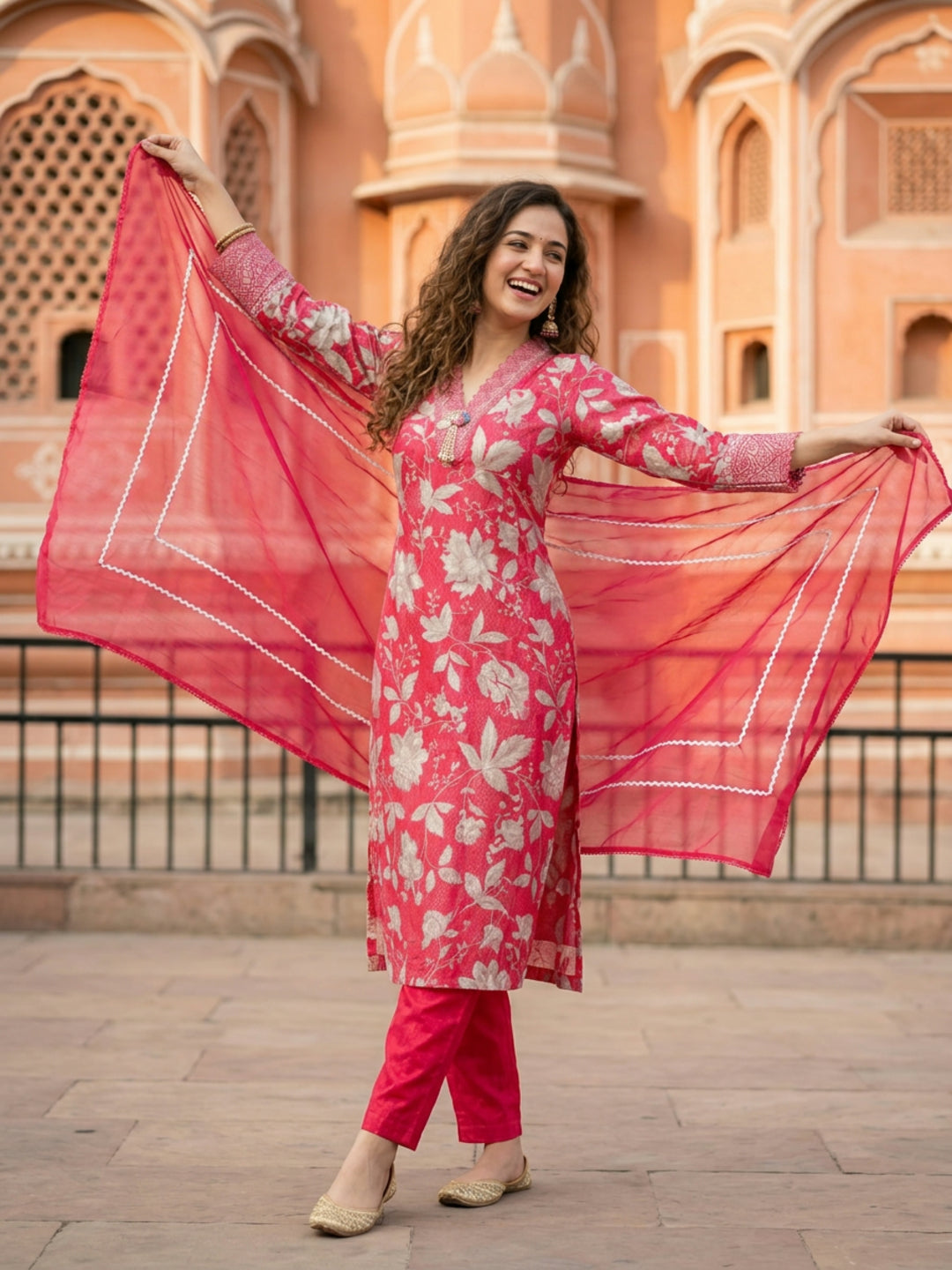 Abstract Floral Printed Embroidered Straight Kurta with Pant & Dupatta - Red