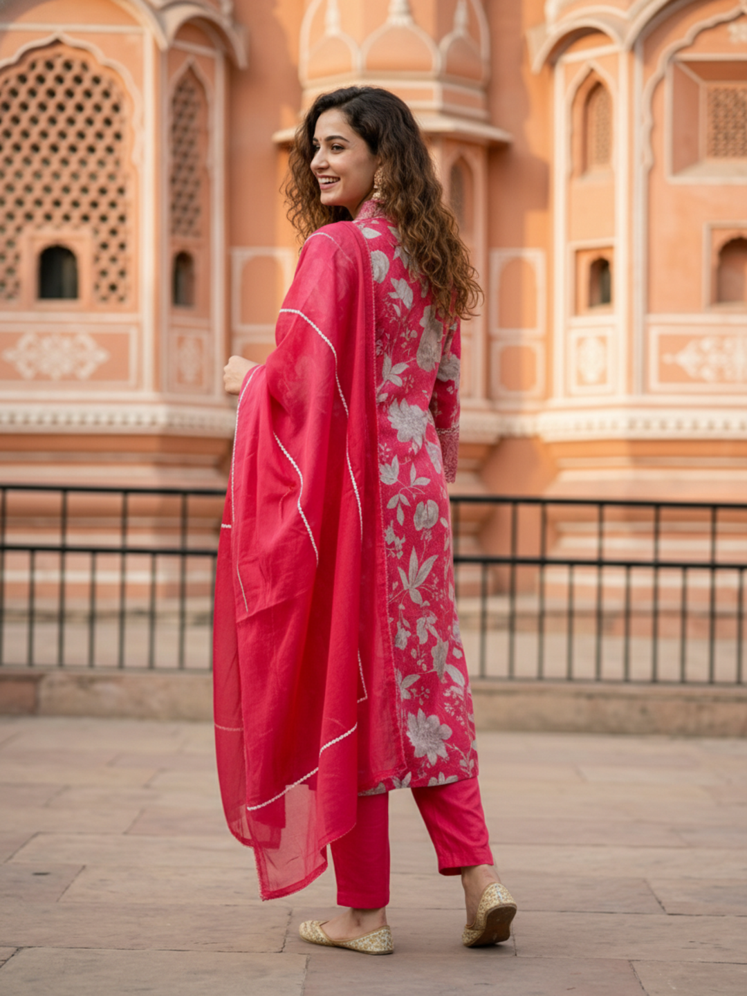 Abstract Floral Printed Embroidered Straight Kurta with Pant & Dupatta - Red