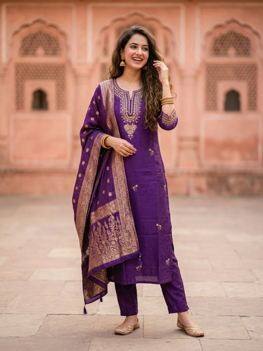 Solid Embroidered Straight Kurta with Pant & Jacquard Dupatta - Royal Purple