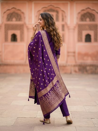 Solid Embroidered Straight Kurta with Pant & Jacquard Dupatta - Royal Purple