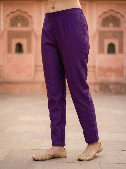 Solid Embroidered Straight Kurta with Pant & Jacquard Dupatta - Royal Purple