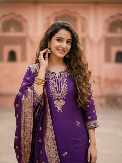Solid Embroidered Straight Kurta with Pant & Jacquard Dupatta - Royal Purple