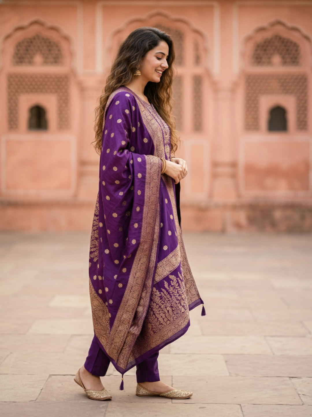 Solid Embroidered Straight Kurta with Pant & Jacquard Dupatta - Royal Purple