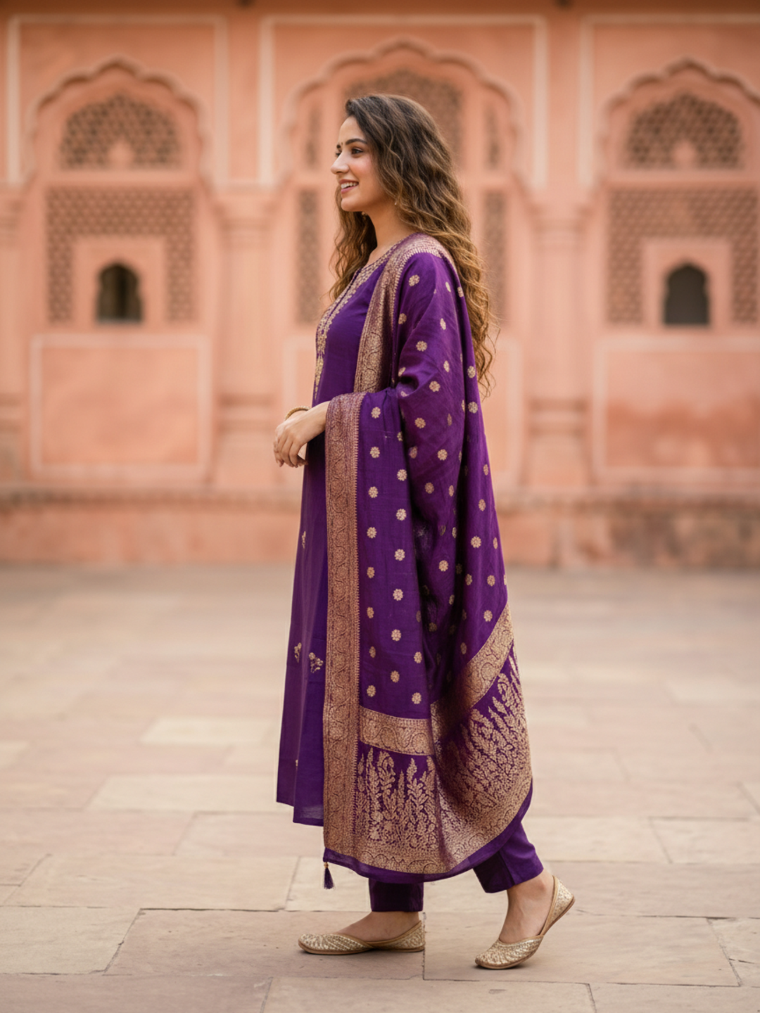 Solid Embroidered Straight Kurta with Pant & Jacquard Dupatta - Royal Purple