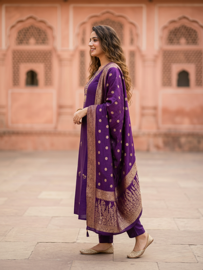 Solid Embroidered Straight Kurta with Pant & Jacquard Dupatta - Royal Purple
