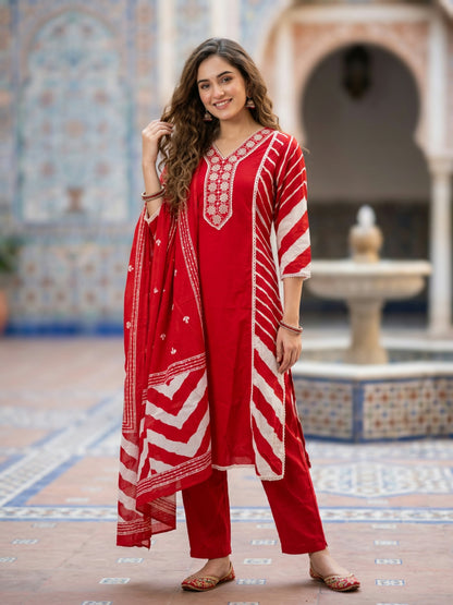 Leheriya Printed Embroidered A-Line Kurta with Pant & Dupatta - Red