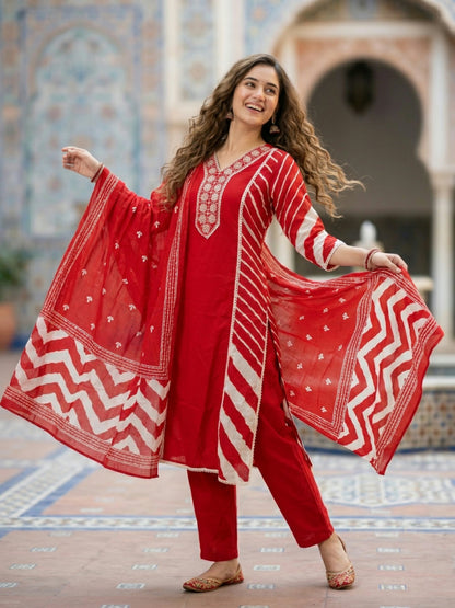 Leheriya Printed Embroidered A-Line Kurta with Pant & Dupatta - Red