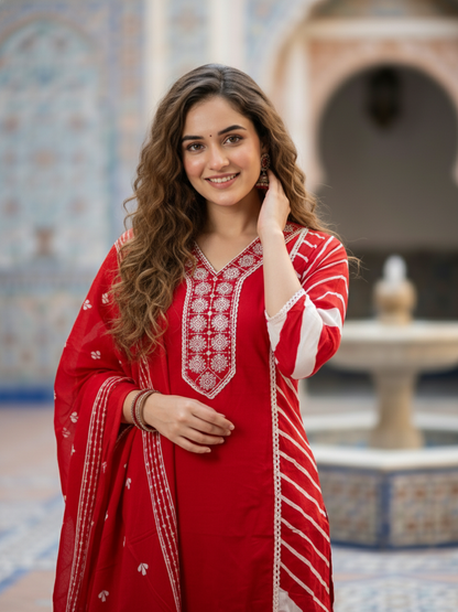 Leheriya Printed Embroidered A-Line Kurta with Pant & Dupatta - Red