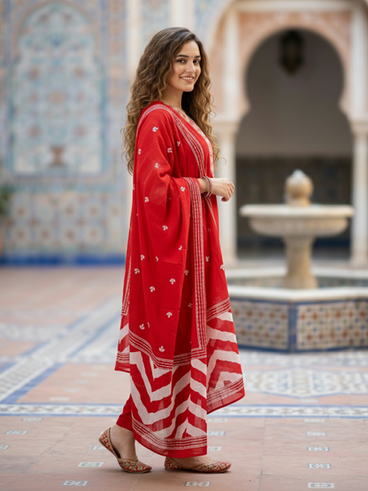 Leheriya Printed Embroidered A-Line Kurta with Pant & Dupatta - Red