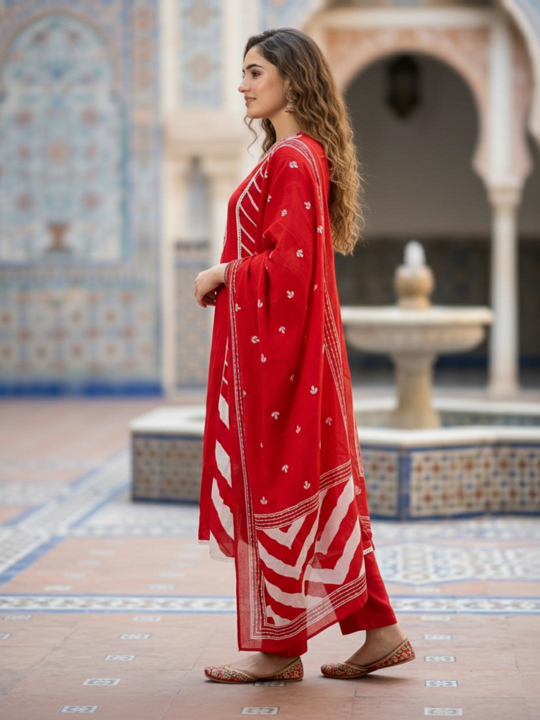 Leheriya Printed Embroidered A-Line Kurta with Pant & Dupatta - Red
