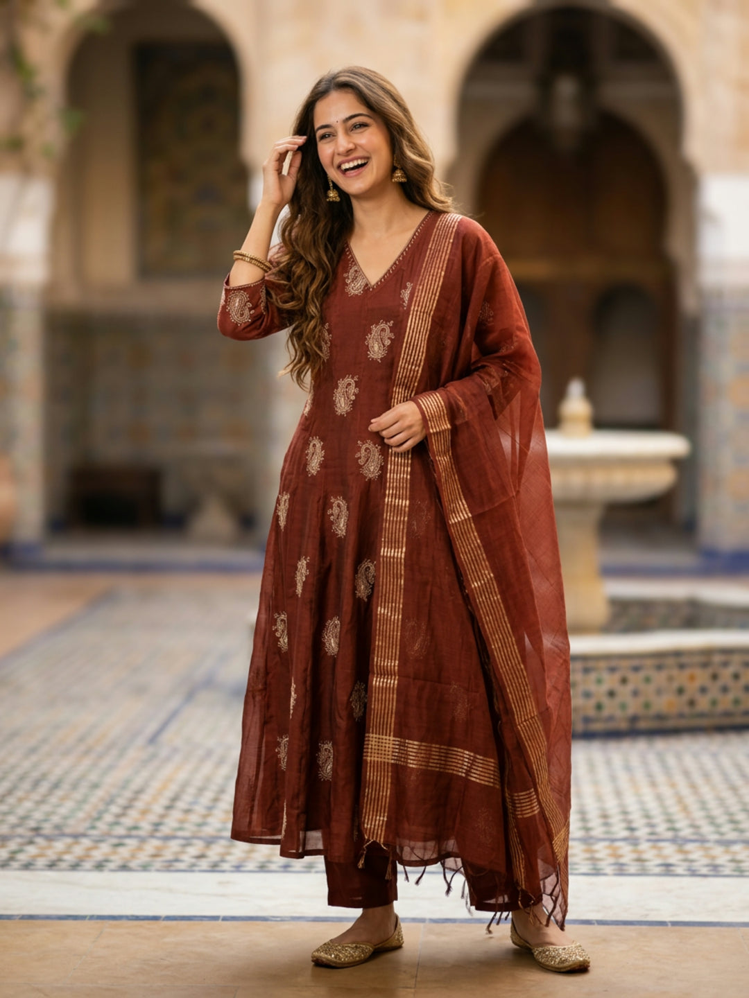 Solid Paisley Embroidered Anarkali with Pant & Dupatta - Brown
