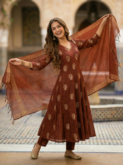 Solid Paisley Embroidered Anarkali with Pant & Dupatta - Brown