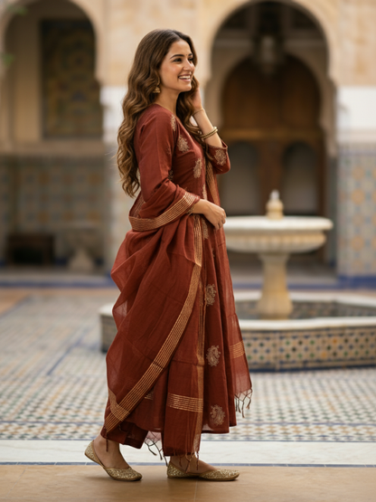 Solid Paisley Embroidered Anarkali with Pant & Dupatta - Brown