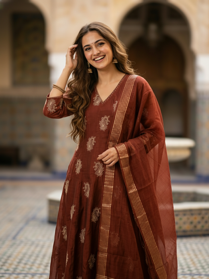 Solid Paisley Embroidered Anarkali with Pant & Dupatta - Brown