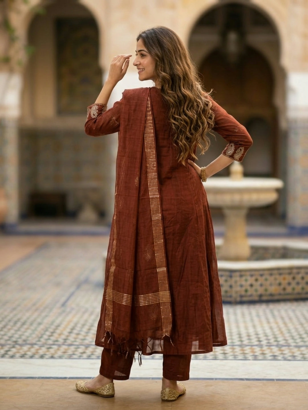 Solid Paisley Embroidered Anarkali with Pant & Dupatta - Brown