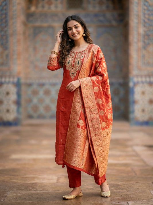 Solid Embroidered Straight Kurta with Pant & Jacquard Dupatta - Rust Orange