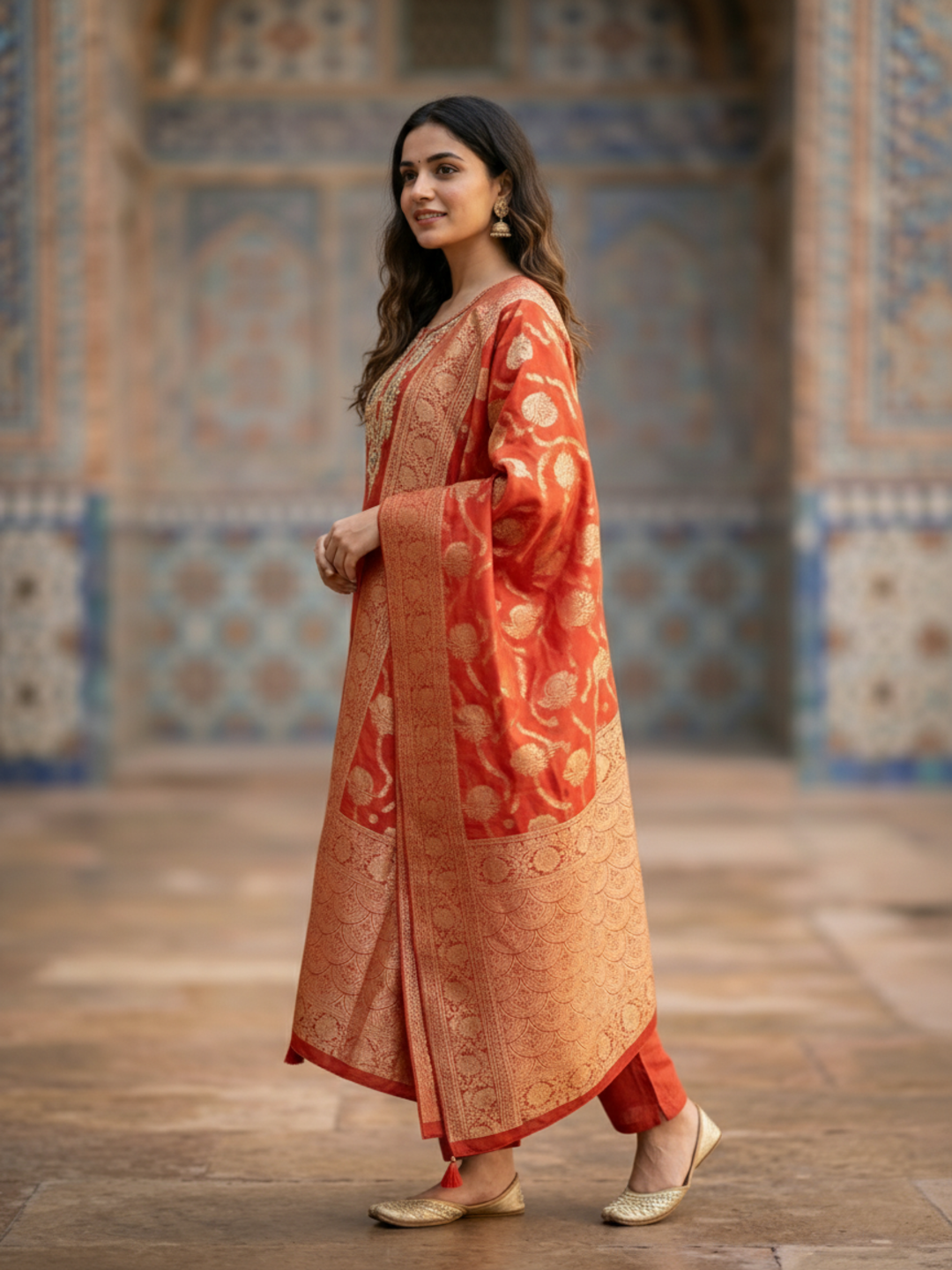 Solid Embroidered Straight Kurta with Pant & Jacquard Dupatta - Rust Orange