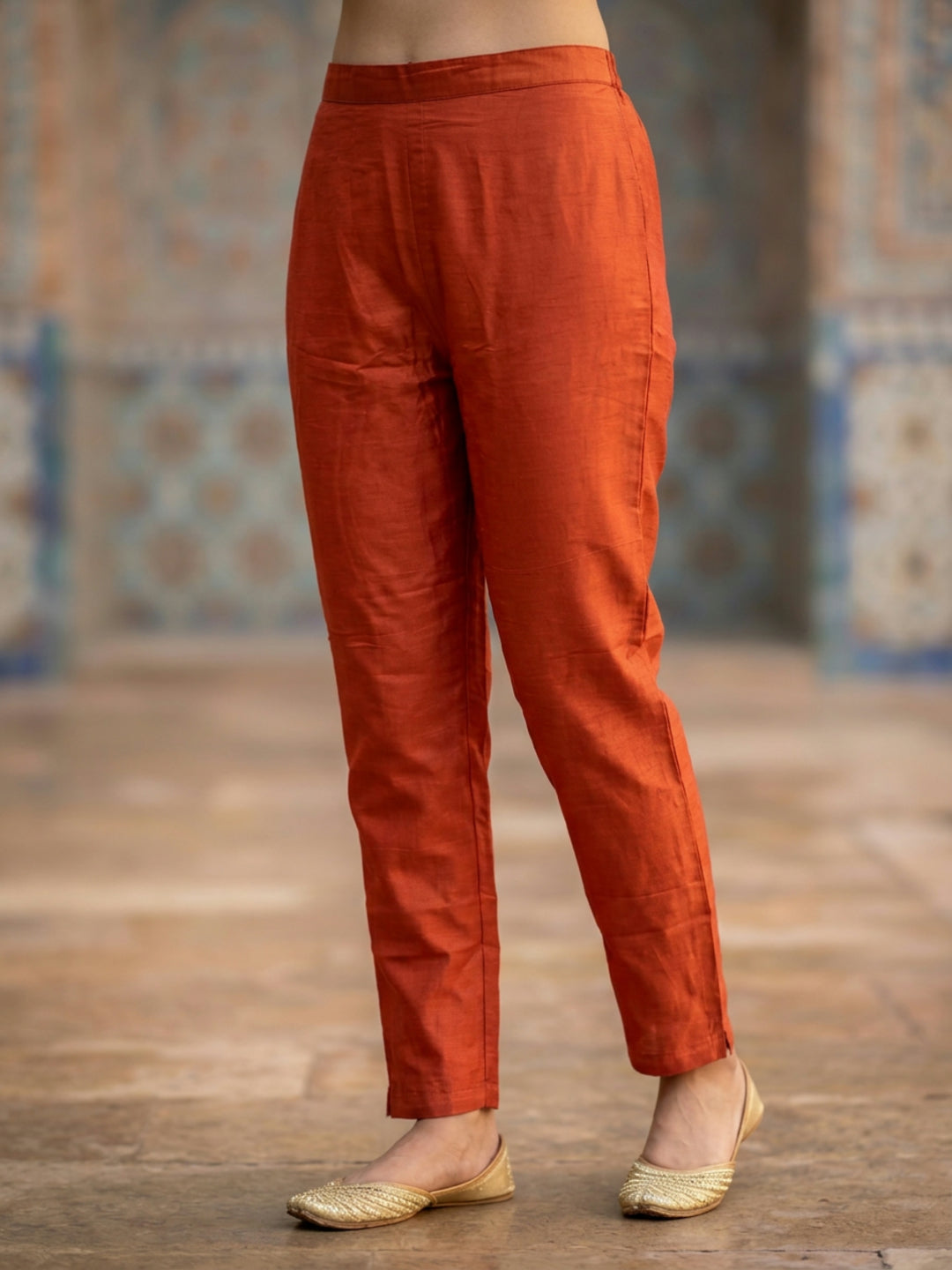 Solid Embroidered Straight Kurta with Pant & Jacquard Dupatta - Rust Orange