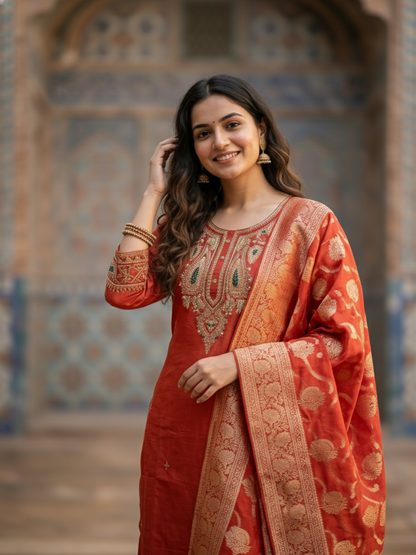 Solid Embroidered Straight Kurta with Pant & Jacquard Dupatta - Rust Orange