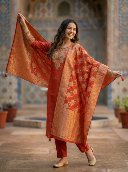Solid Embroidered Straight Kurta with Pant & Jacquard Dupatta - Rust Orange