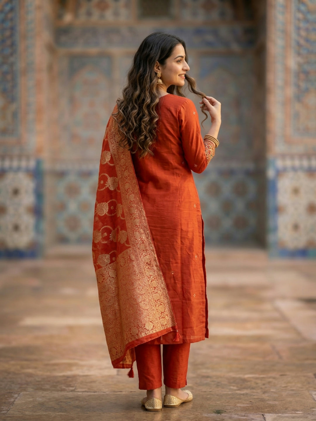 Solid Embroidered Straight Kurta with Pant & Jacquard Dupatta - Rust Orange
