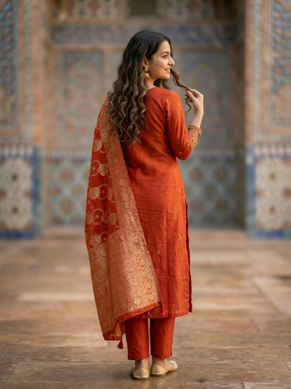 Solid Embroidered Straight Kurta with Pant & Jacquard Dupatta - Rust Orange