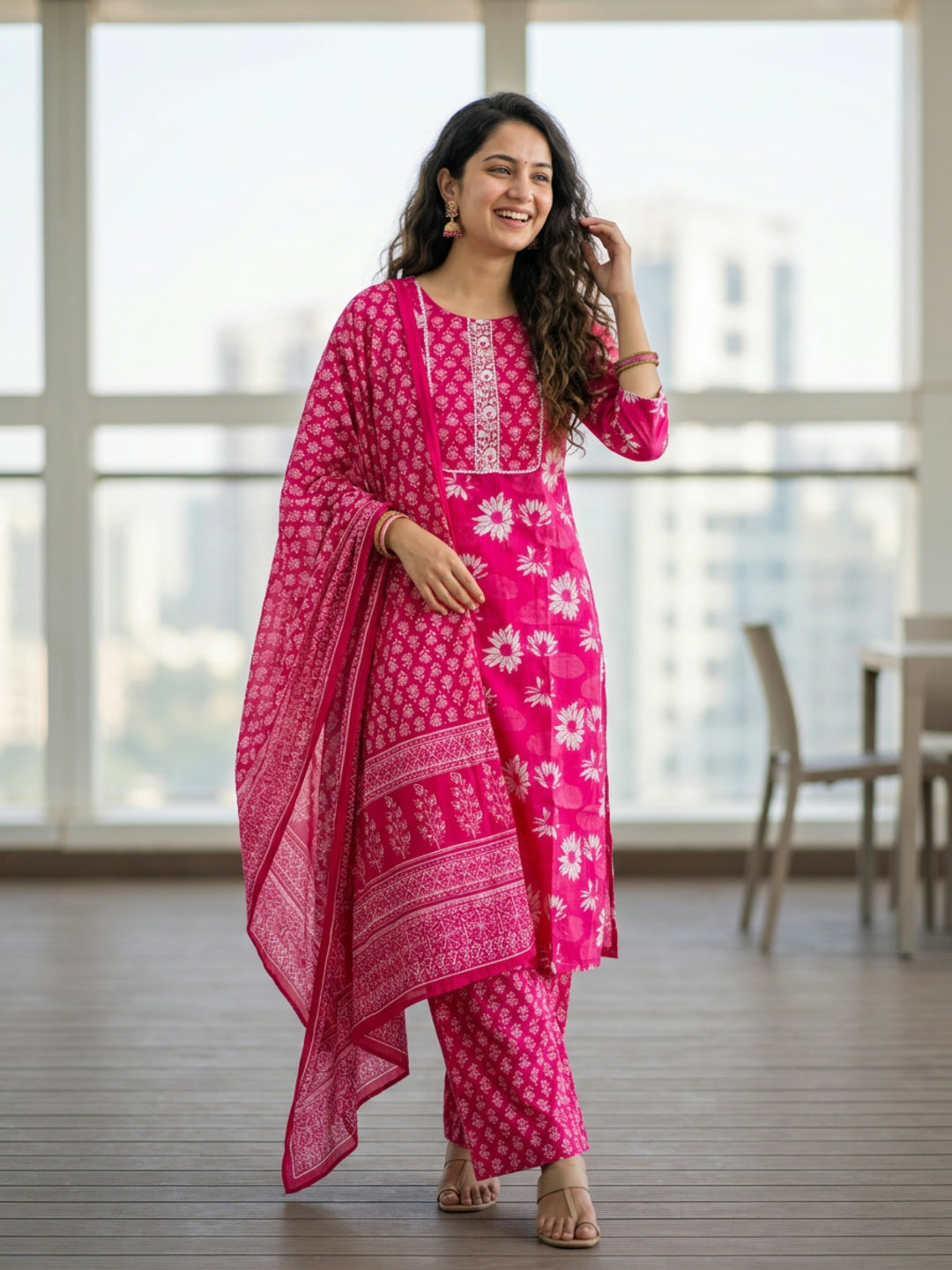 Floral Printed Embellished Straight Kurta with Pant & Dupatta - Pink