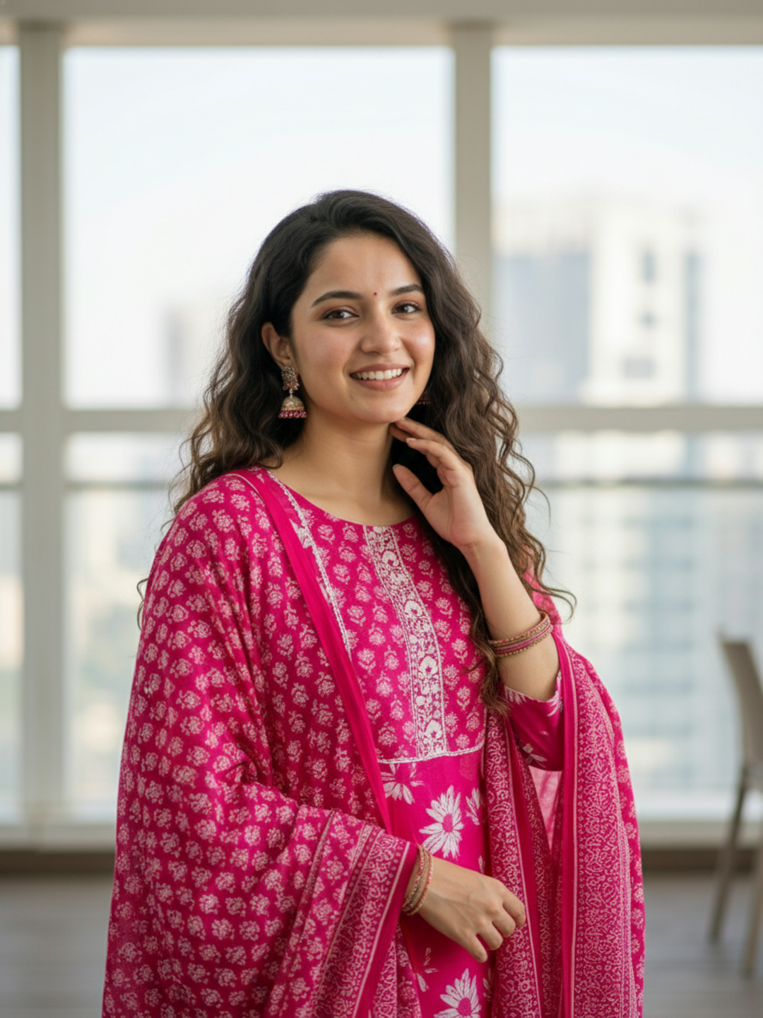 Floral Printed Embellished Straight Kurta with Pant & Dupatta - Pink