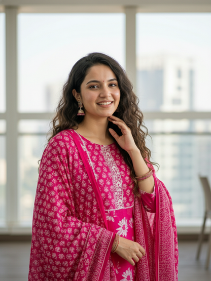 Floral Printed Embellished Straight Kurta with Pant & Dupatta - Pink