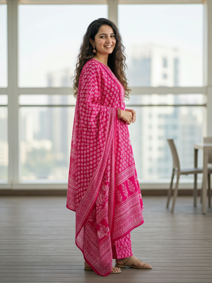 Floral Printed Embellished Straight Kurta with Pant & Dupatta - Pink
