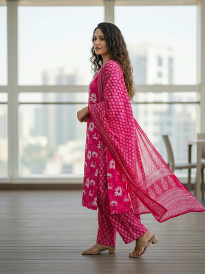 Floral Printed Embellished Straight Kurta with Pant & Dupatta - Pink
