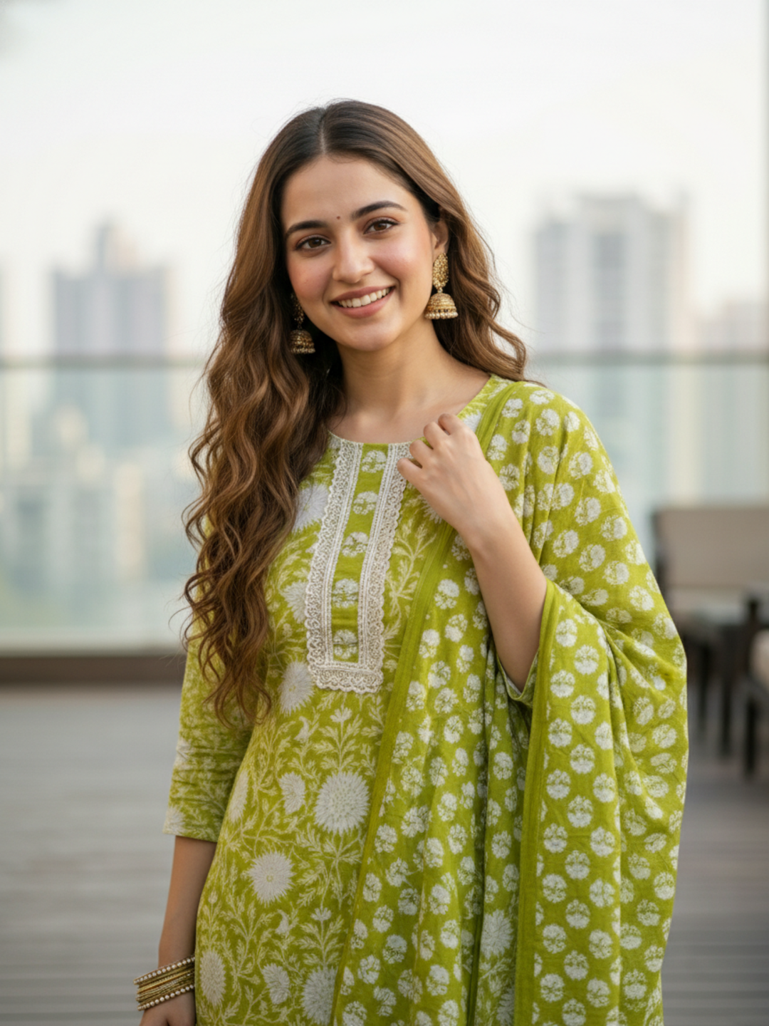 Floral Printed Embellished Straight Kurta with Pant & Dupatta - Green