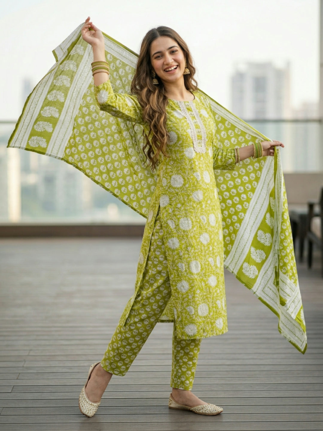 Floral Printed Embellished Straight Kurta with Pant & Dupatta - Green