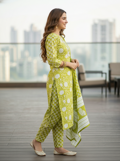 Floral Printed Embellished Straight Kurta with Pant & Dupatta - Green