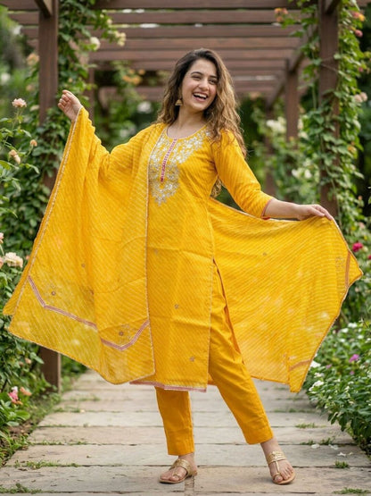 Leheriya Printed Gota Patti Embroidered Straight Kurta with Pant & Dupatta - Yellow