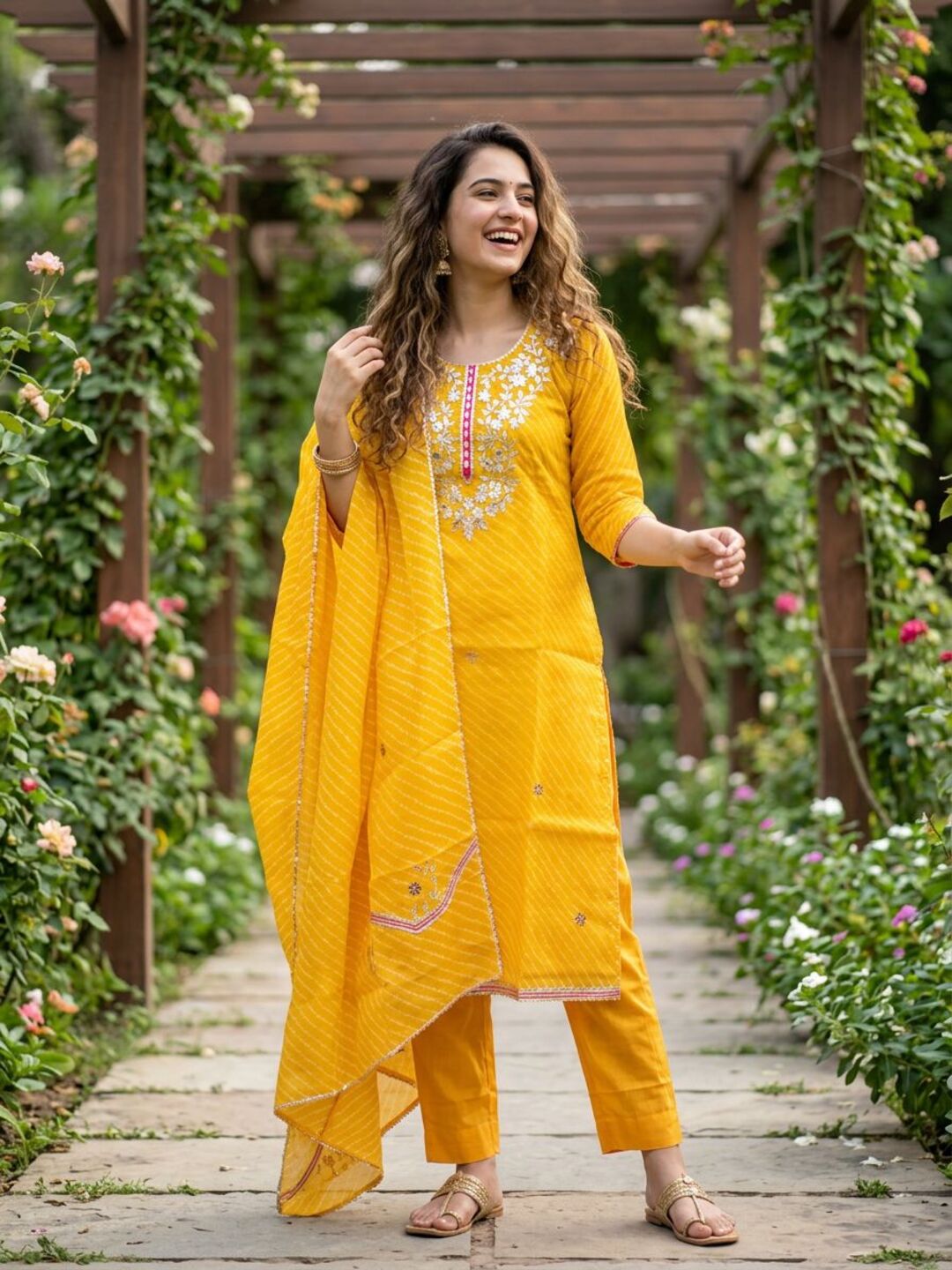Leheriya Printed Gota Patti Embroidered Straight Kurta with Pant & Dupatta - Yellow