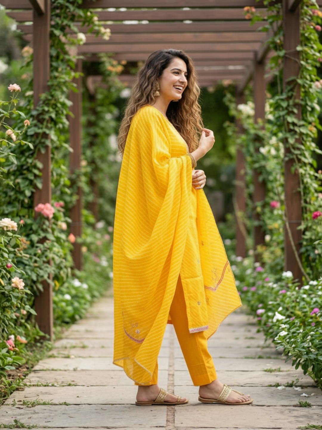 Leheriya Printed Gota Patti Embroidered Straight Kurta with Pant & Dupatta - Yellow