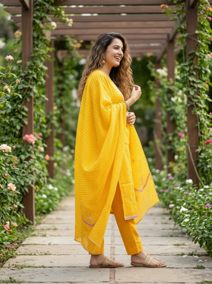 Leheriya Printed Gota Patti Embroidered Straight Kurta with Pant & Dupatta - Yellow