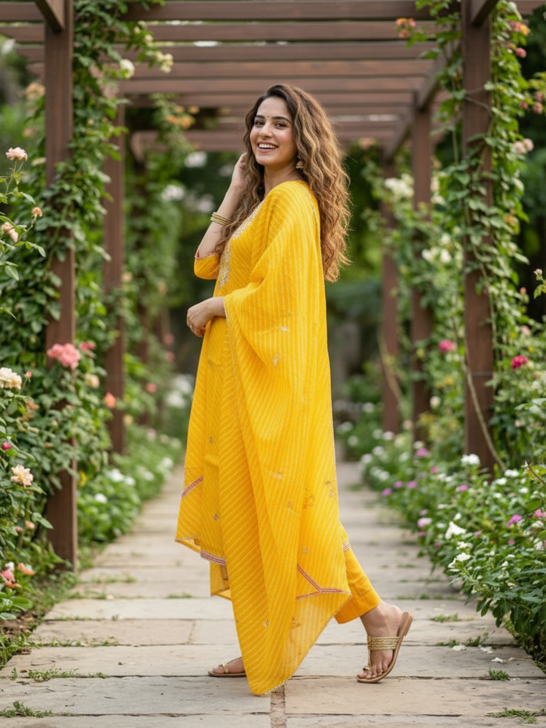 Leheriya Printed Gota Patti Embroidered Straight Kurta with Pant & Dupatta - Yellow