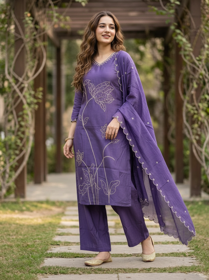Solid Threadwork Embroidered Straight Kurta with Palazzo & Dupatta - Lavender