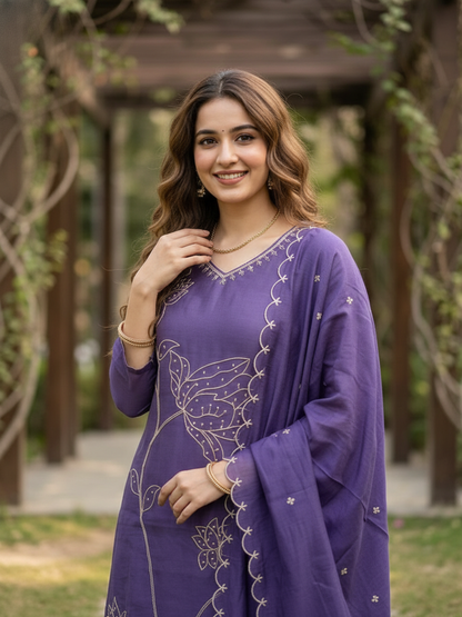 Solid Threadwork Embroidered Straight Kurta with Palazzo & Dupatta - Lavender