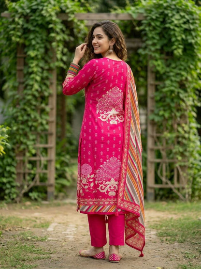 Ethnic Floral Printed Straight Kurta with Pant & Dupatta - Rani
