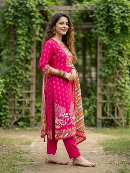 Ethnic Floral Printed Straight Kurta with Pant & Dupatta - Rani