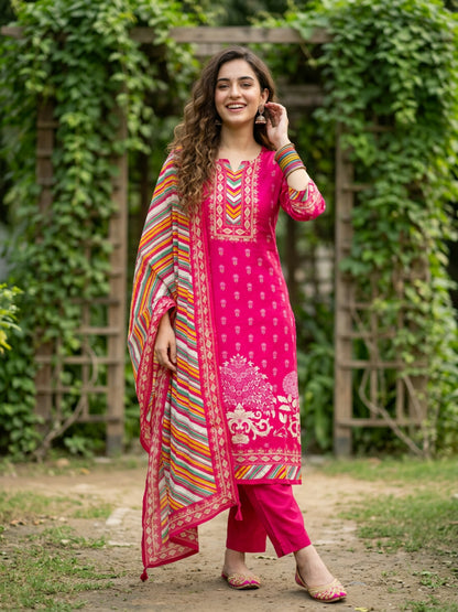 Ethnic Floral Printed Straight Kurta with Pant & Dupatta - Rani