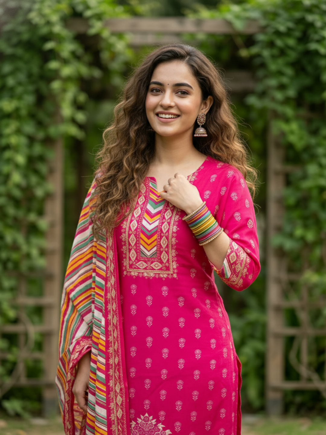 Ethnic Floral Printed Straight Kurta with Pant & Dupatta - Rani
