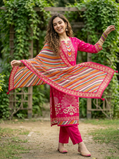 Ethnic Floral Printed Straight Kurta with Pant & Dupatta - Rani