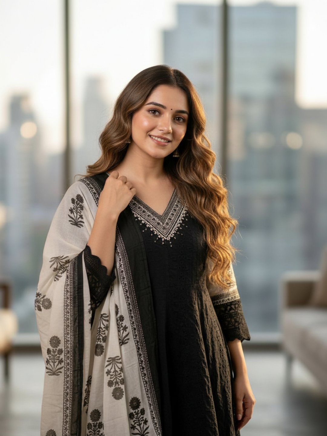 Solid Schiffli Floral Embroidered Anarkali with Pant & Dupatta - Black